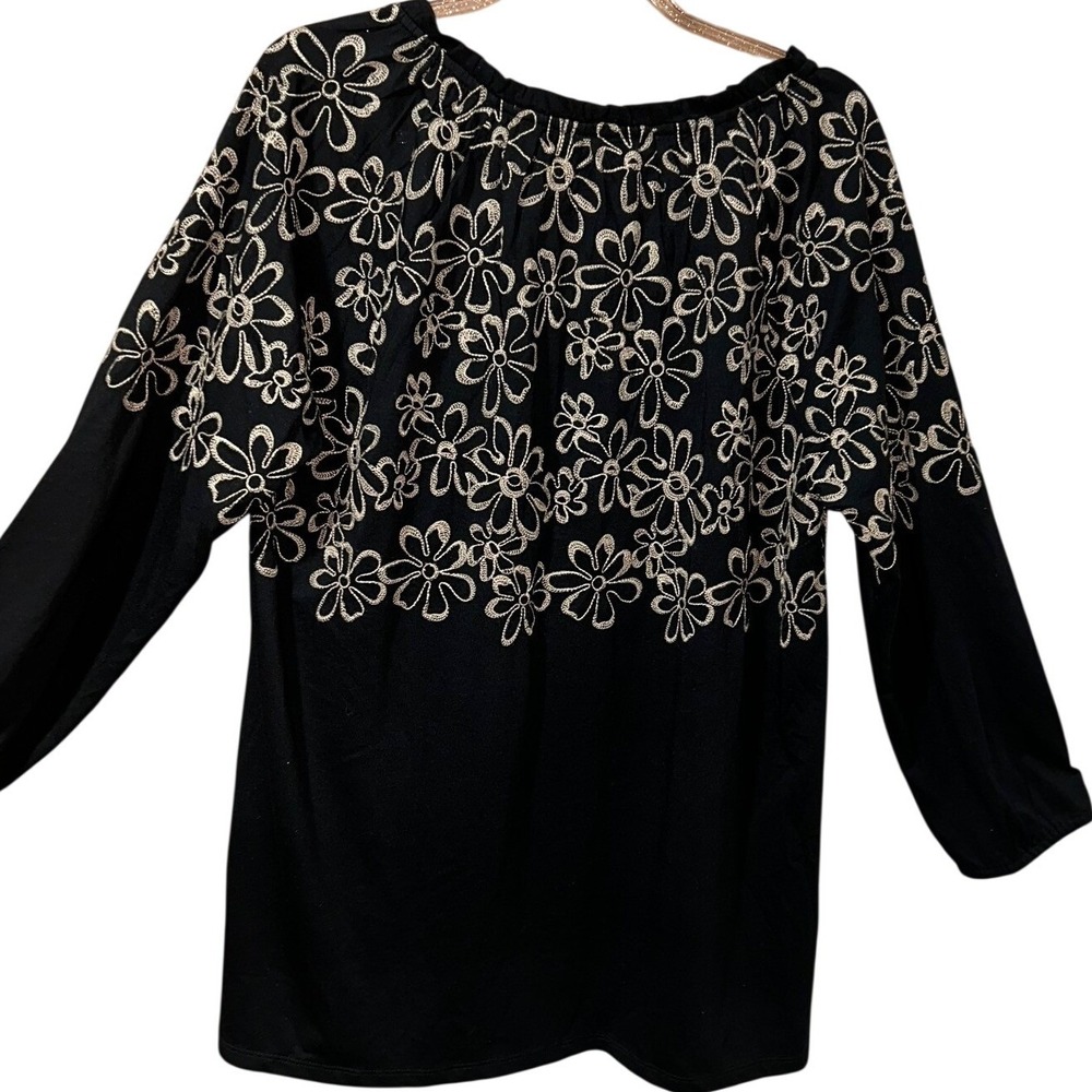 J. Jill Womens Black Embroidered Floral Long Sleeve Button Front Top Small - Picture 3 of 5